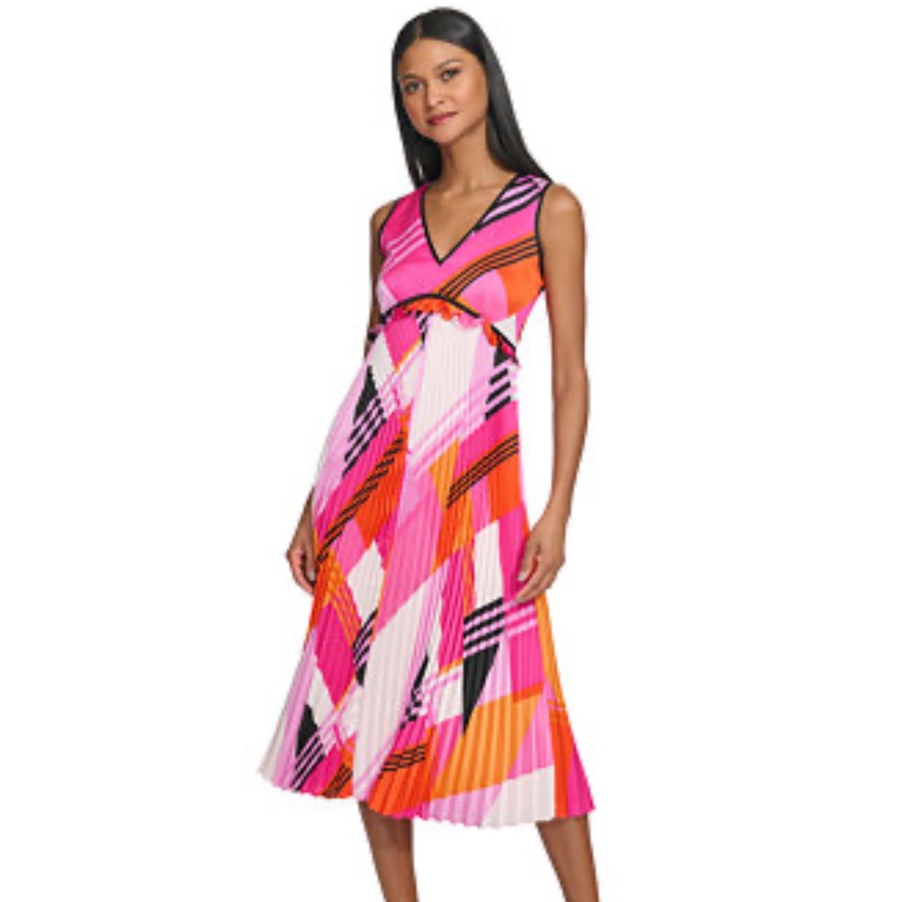 Karl Lagerfeld Paris Pleated Sleeveless Dress Pink Orange Geometric NWT 14 Bold - Picture 4 of 16